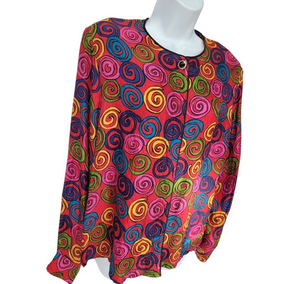 Vintage 90s 100% Silk Blouse L Long Sleeve Button Mod Red Psychedelic - Picture 3 of 16